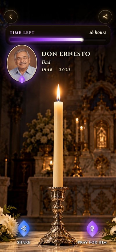 Candle for Don Ernesto, a sample departed loved one: his photo, name, years (1948–2023) and how long it will keep burning