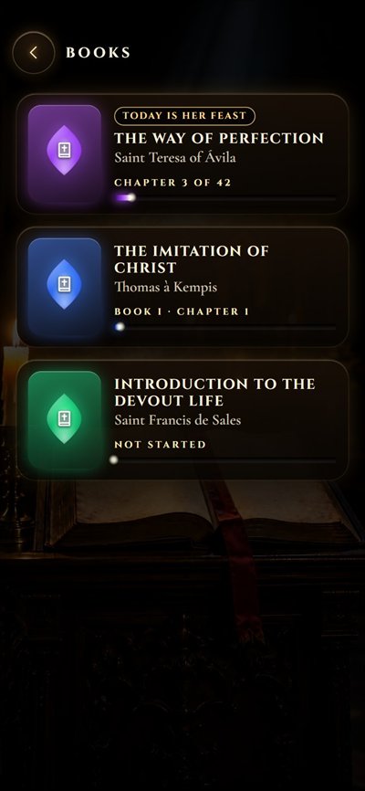 Books: The Way of Perfection, The Imitation of Christ and Introduction to the Devout Life, with your progress