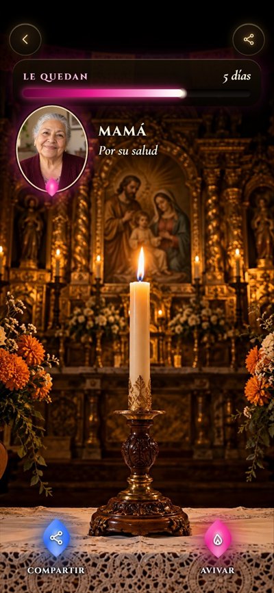 Vela de la familia de ejemplo, dedicada a mamá, encendida en el altar familiar