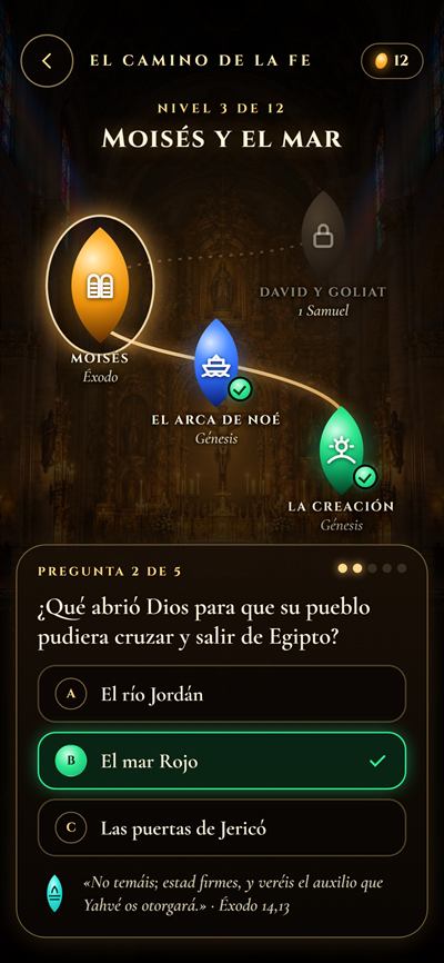 Juego El camino de la fe: niveles con iconos de la Creación, el arca de Noé y las tablas de Moisés, y una pregunta sobre el mar Rojo