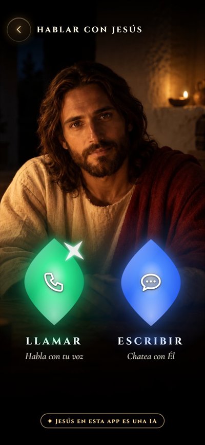 Pantalla Hablar con Jesús de la app: Jesús sentado a la mesa a la luz de las velas y dos almendras de luz, Llamar y Escribir